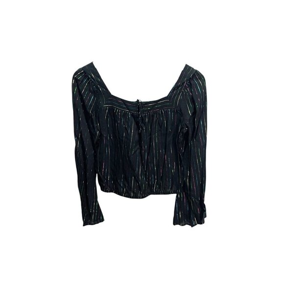 Express Black Square Neck Crop Top Size XS Colorful Sparkle Metallic Stripe NEW - Picture 1 of 4